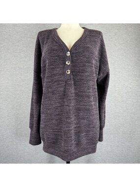 Michelle Mae V Neck Sweater Womens Size XL Purple Faux Buttons Long Sleeve